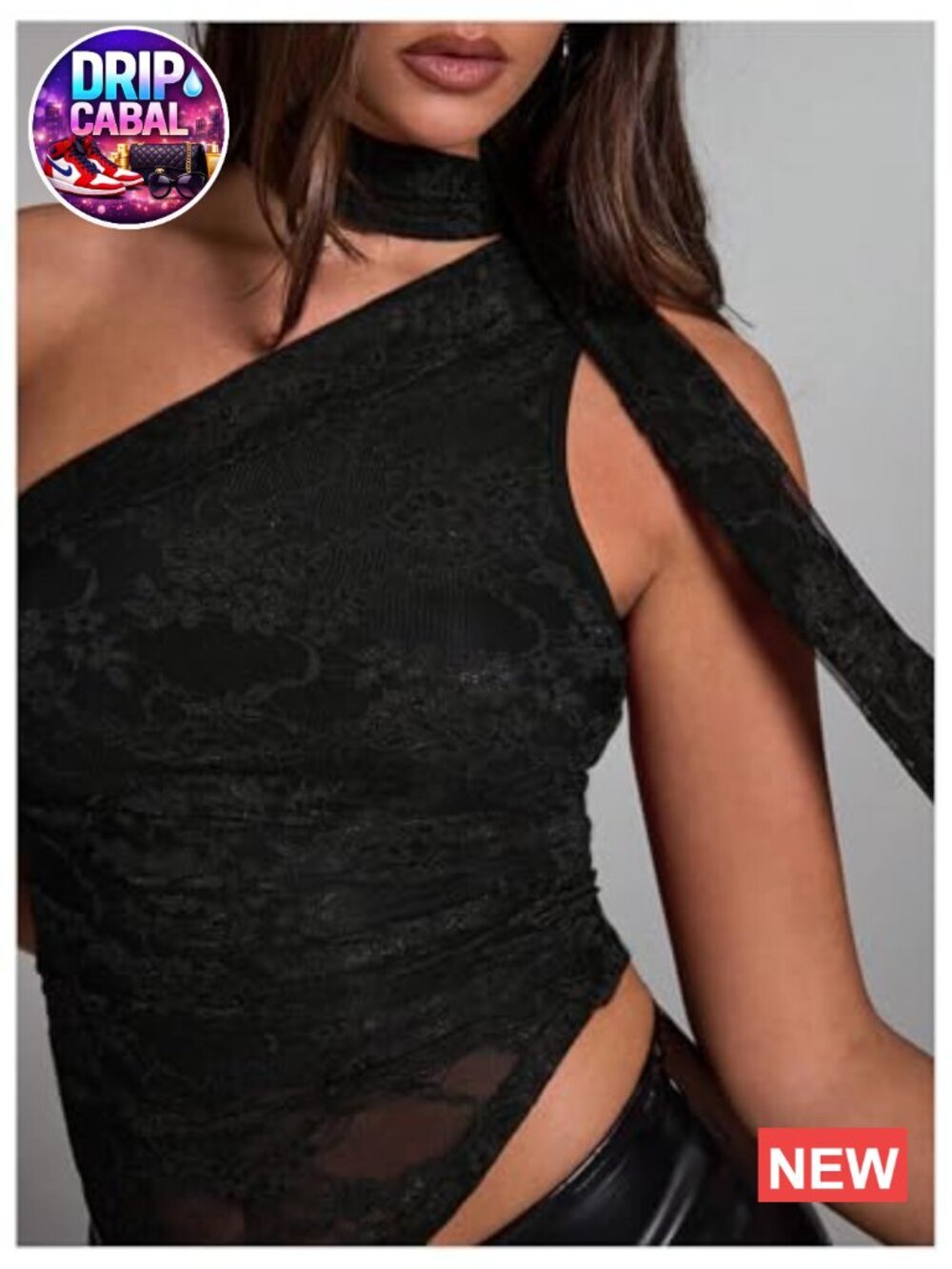 Floral Lace One Shoulder Tank Top Ruched Sleeveless with Scarf - Picture 5 of 5